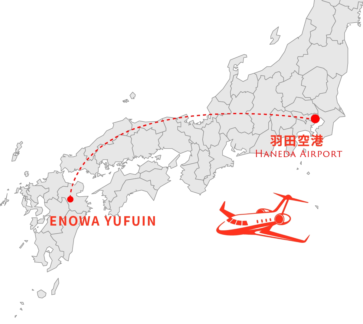 羽田空港からENOWA YUFUINまでのプライベートジェットマップ