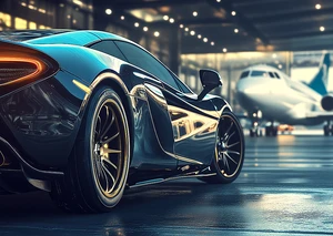 A car and a jet in a garage