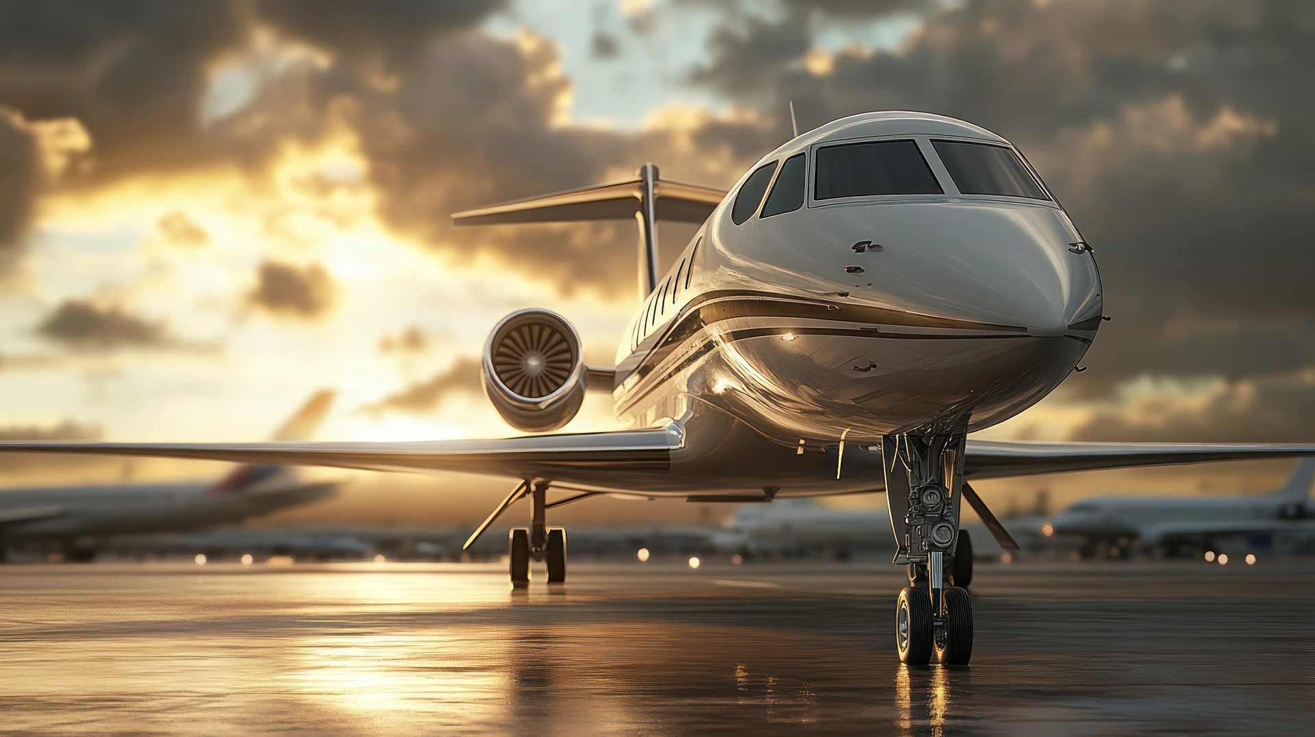 Private jet flying at sunset