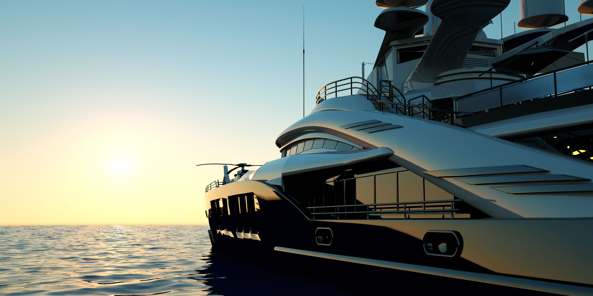 Yacht with Helicopter at Sunset on Calm Open Sea